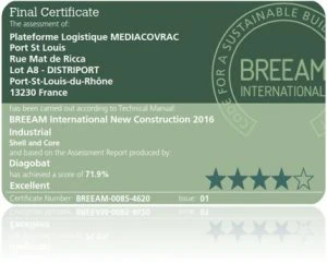 Certification Breeam excellent Mediaco Vrac